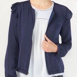 Ruffle Shoulder Silky Bomber Jacket Womens Sz 14 Full Zip Navy Blue